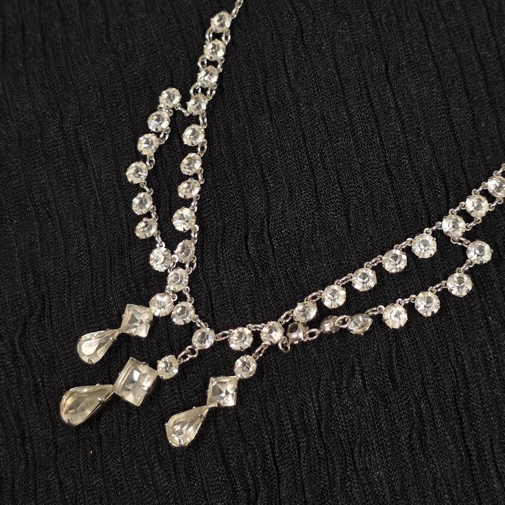 Vintage Clear Rhinestone Festoon Necklace Silver Tone Teardrop Bridal